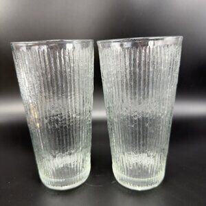 Jeannette Glass Finlandia Tree Bark Clear 12oz Highball Glasses Cups Set 2 VTG